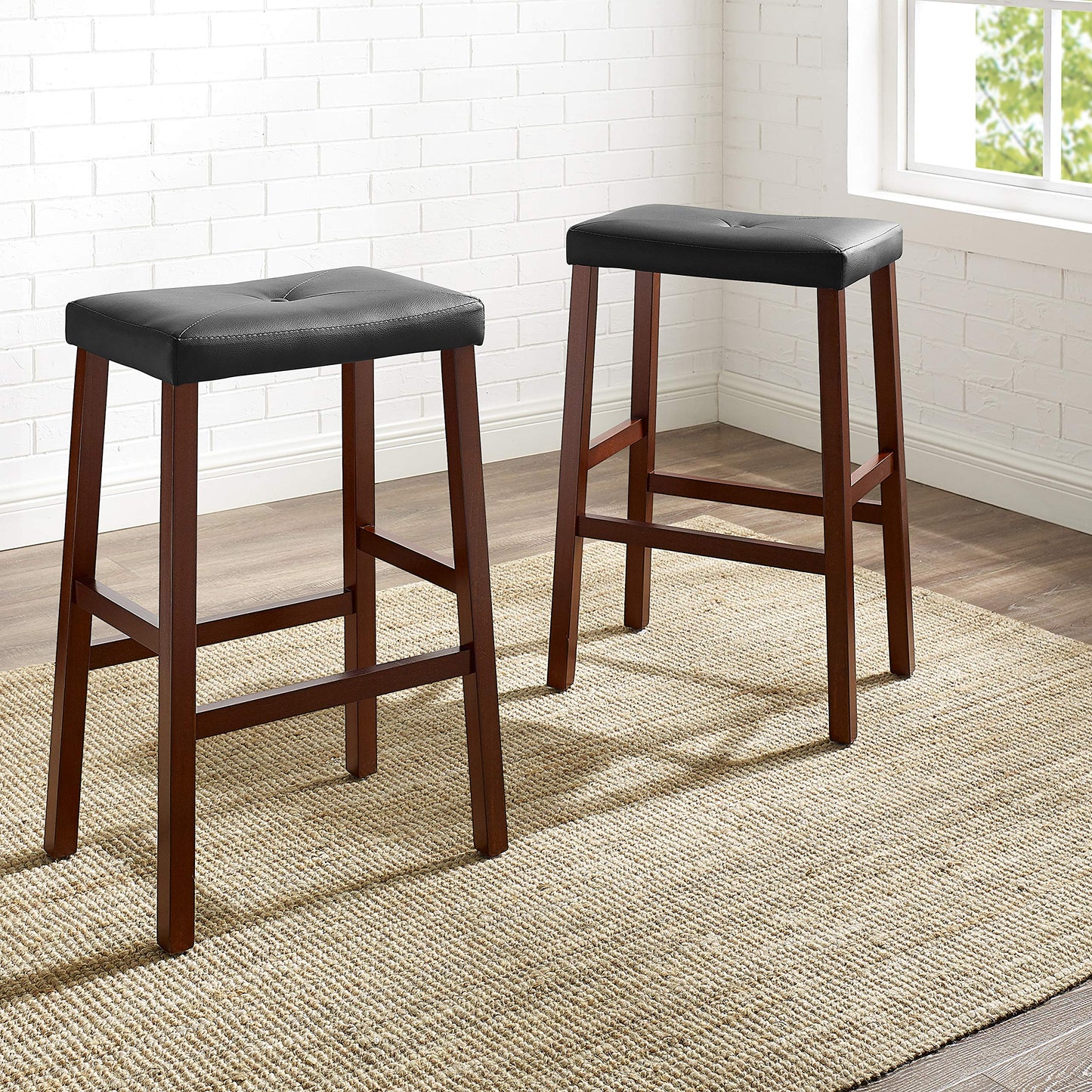 STOOL_SEATING | Upholstered Saddle Seat Stool | Durable Hardwood Construction | Faux Leather PVC Upholstery | 29 Seat Height | Ideal for 42 Bar or Pub Table | Set of 2 | casafoyer.myshopify.com