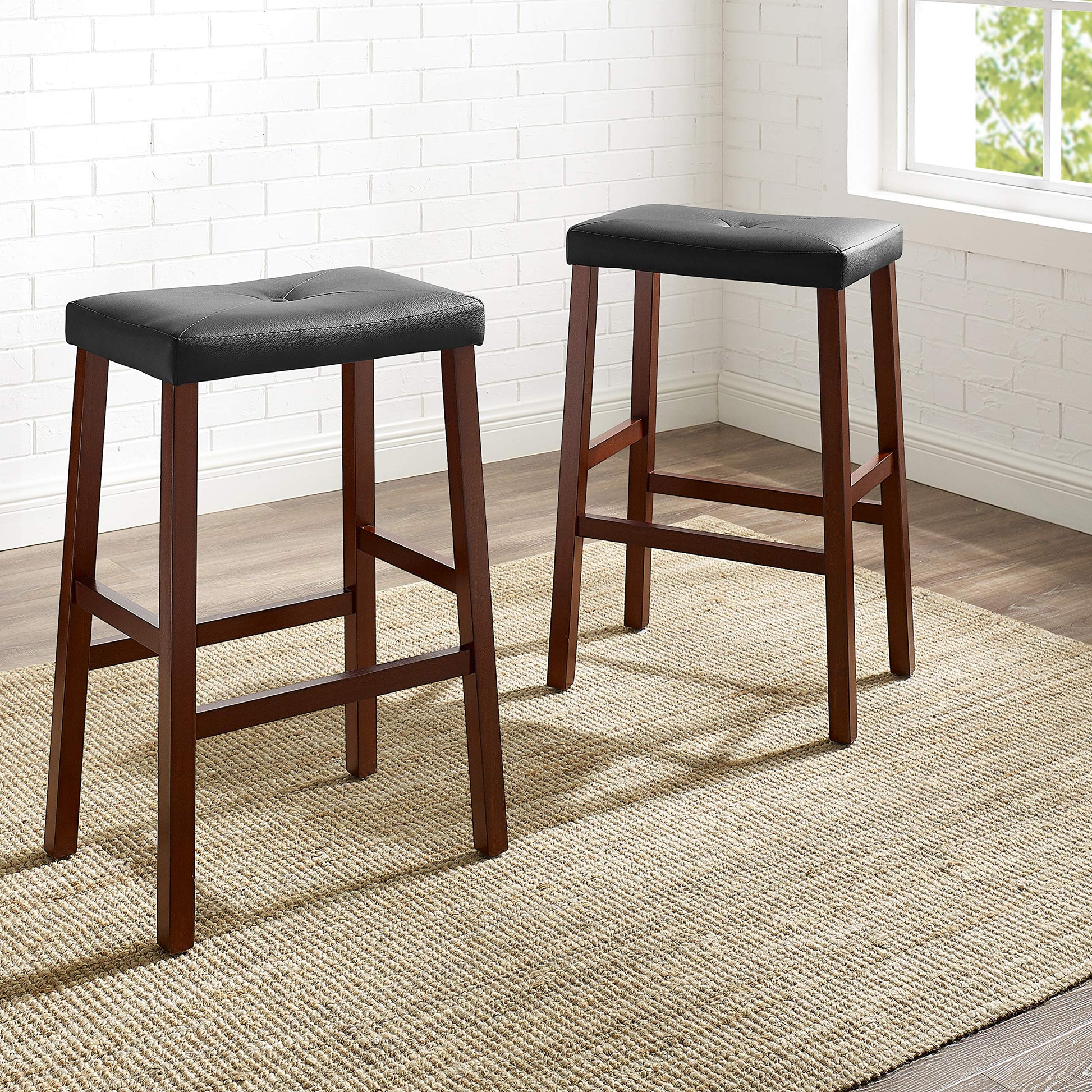 STOOL_SEATING | Upholstered Saddle Seat Stool | Durable Hardwood Construction | Faux Leather PVC Upholstery | 29 Seat Height | Ideal for 42 Bar or Pub Table | Set of 2 | casafoyer.myshopify.com