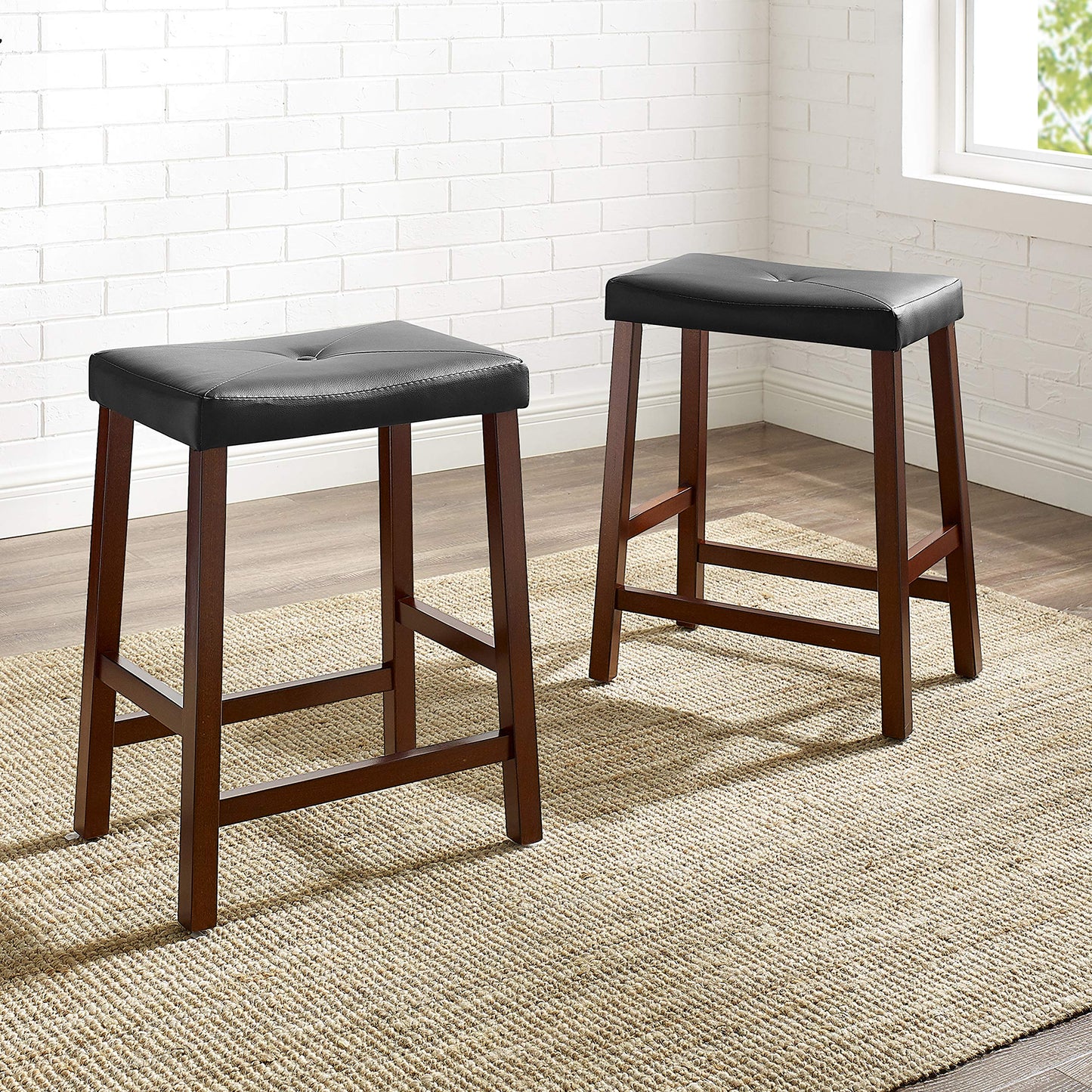 Dining Table | Upholstered Saddle Seat Stool | Durable Hardwood Construction | Faux Leather PVC Upholstery | 24 Height | Ideal for Dining Tables or Counter Seating | Set of 2 | casafoyer.myshopify.com