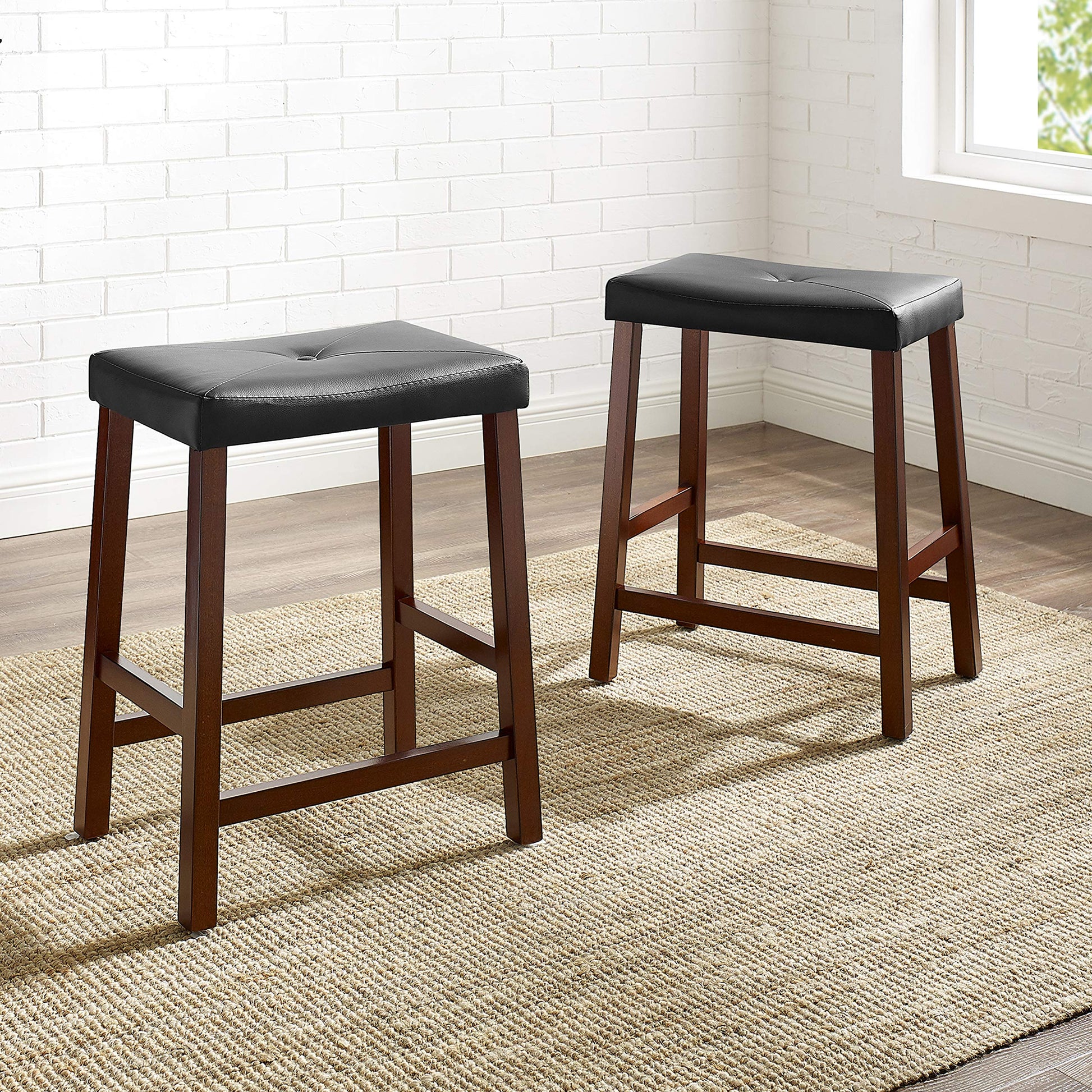 Dining Table | Upholstered Saddle Seat Stool | Durable Hardwood Construction | Faux Leather PVC Upholstery | 24 Height | Ideal for Dining Tables or Counter Seating | Set of 2 | casafoyer.myshopify.com