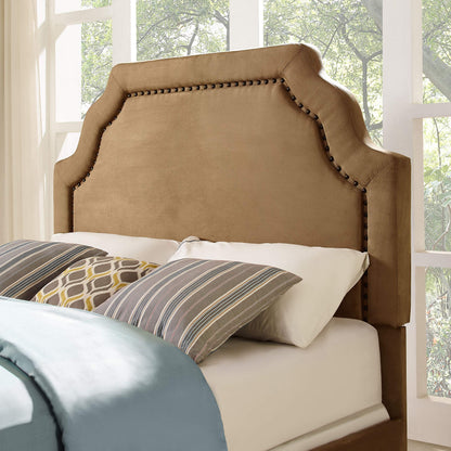 Bed | Loren Bedset | Keystone Silhouette Headboard | Antique Brass Trim | Camel Microfiber Upholstery | Easy Assembly | Enhance Style & Coziness | casafoyer.myshopify.com