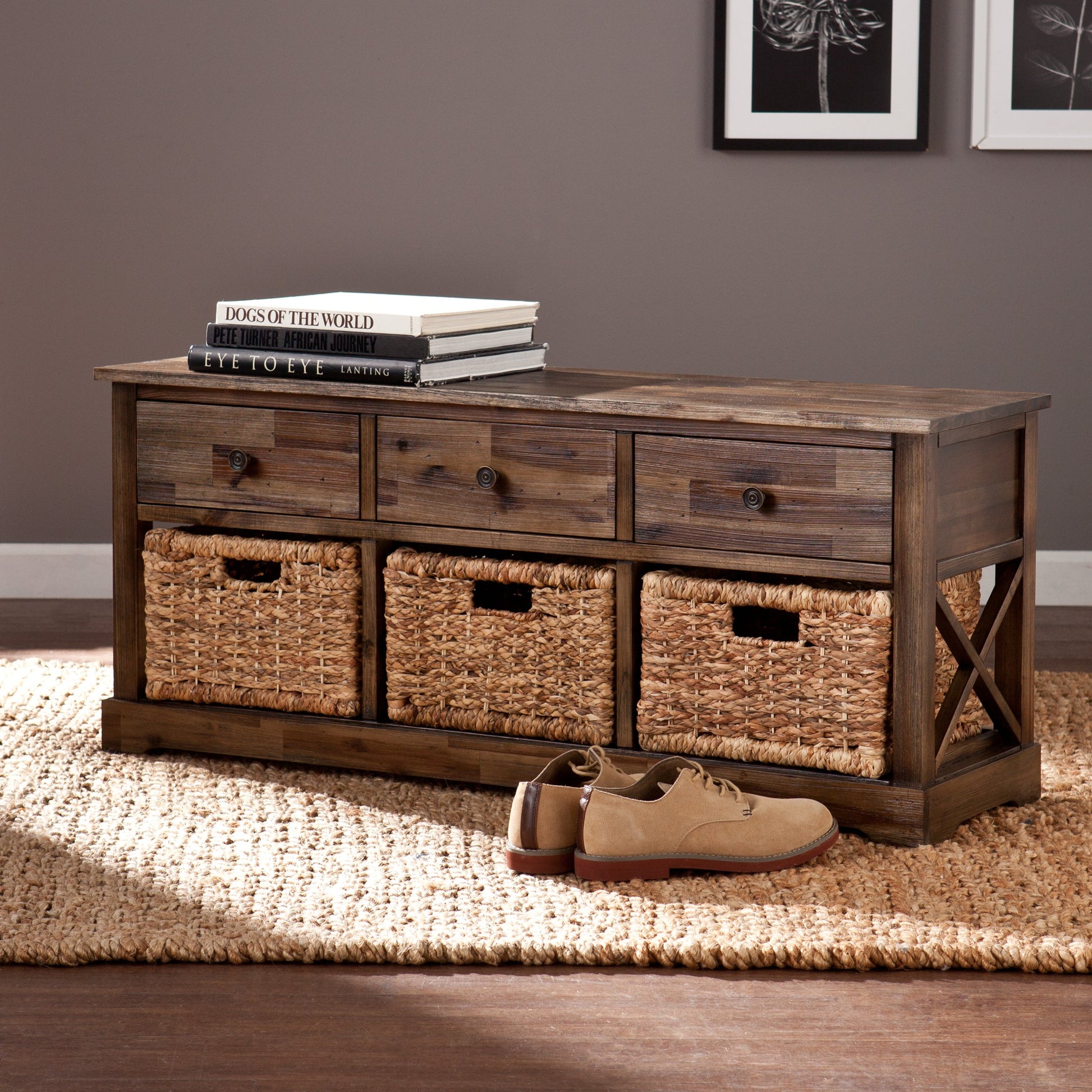 Bench | Coastal-Inspired Storage Bench | Casual Elegance | Reclaimed Appearance | Water Hyacinth Baskets | Versatile Storage for Shoes, Linens, Towels, and More | casafoyer.myshopify.com