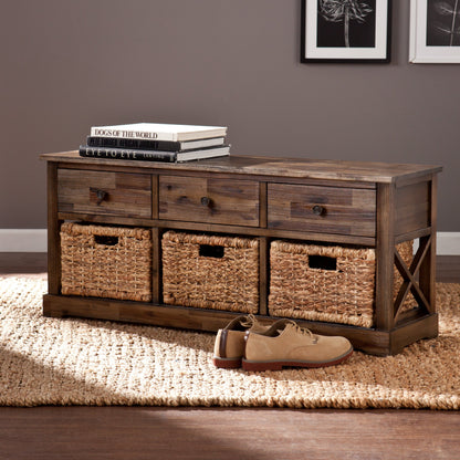 Bench | Coastal-Inspired Storage Bench | Casual Elegance | Reclaimed Appearance | Water Hyacinth Baskets | Versatile Storage for Shoes, Linens, Towels, and More | casafoyer.myshopify.com