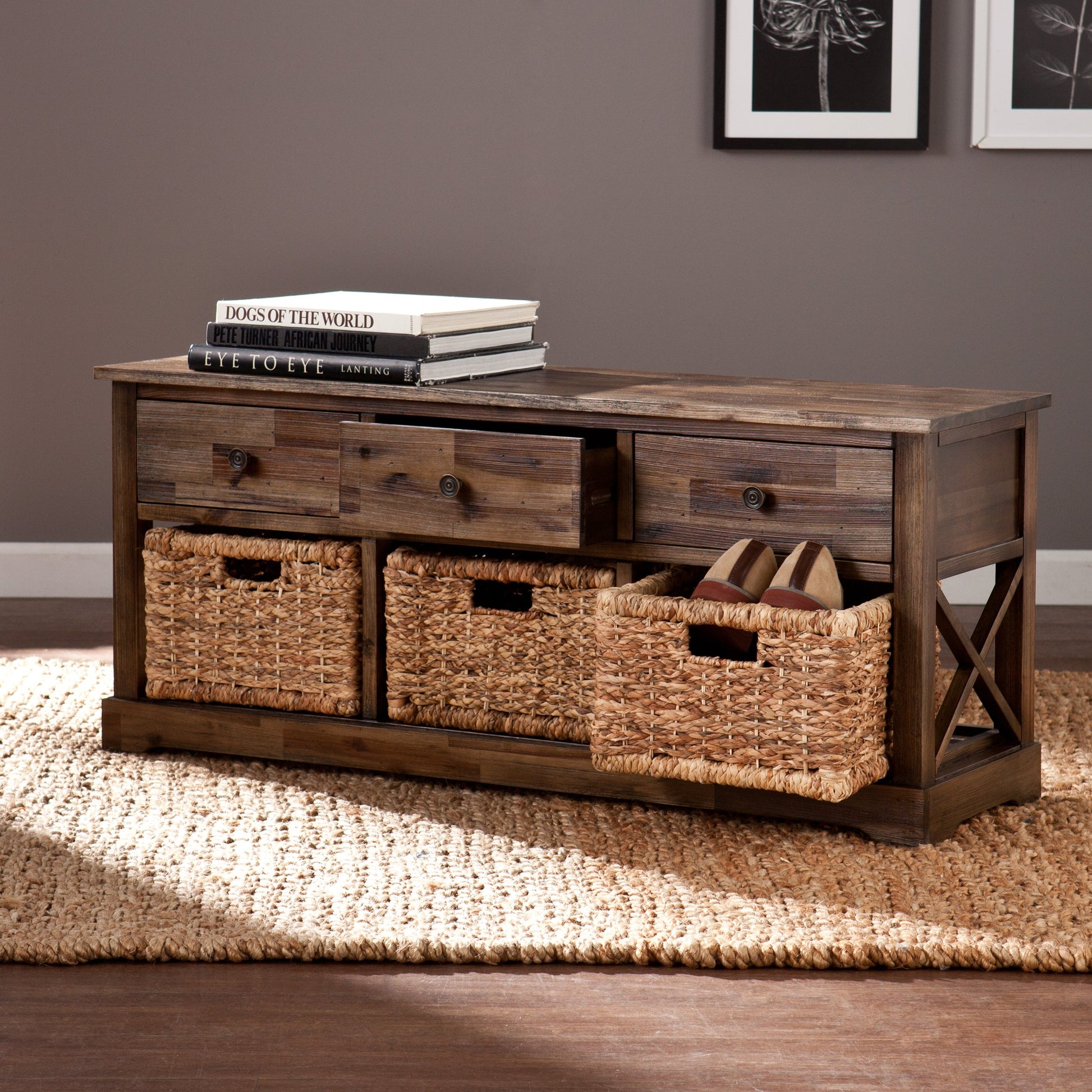 Bench | Coastal-Inspired Storage Bench | Casual Elegance | Reclaimed Appearance | Water Hyacinth Baskets | Versatile Storage for Shoes, Linens, Towels, and More | casafoyer.myshopify.com