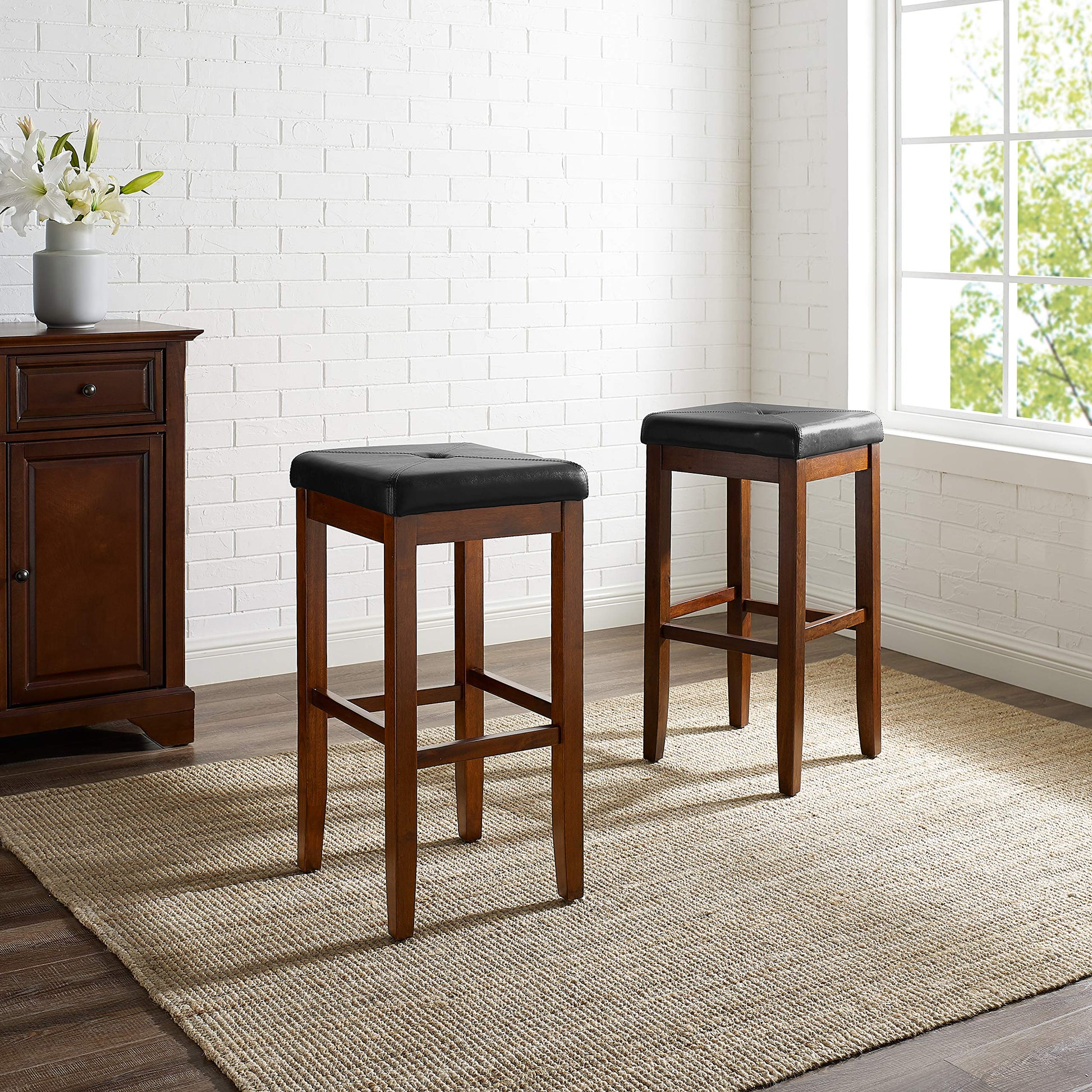 STOOL_SEATING | Upholstered Square Seat Stool | Solid Hardwood Construction | Simulated Brown Leather | 29 Seat Height | Ideal for 42 Bar or Pub Tables | Versatile & Chic | casafoyer.myshopify.com