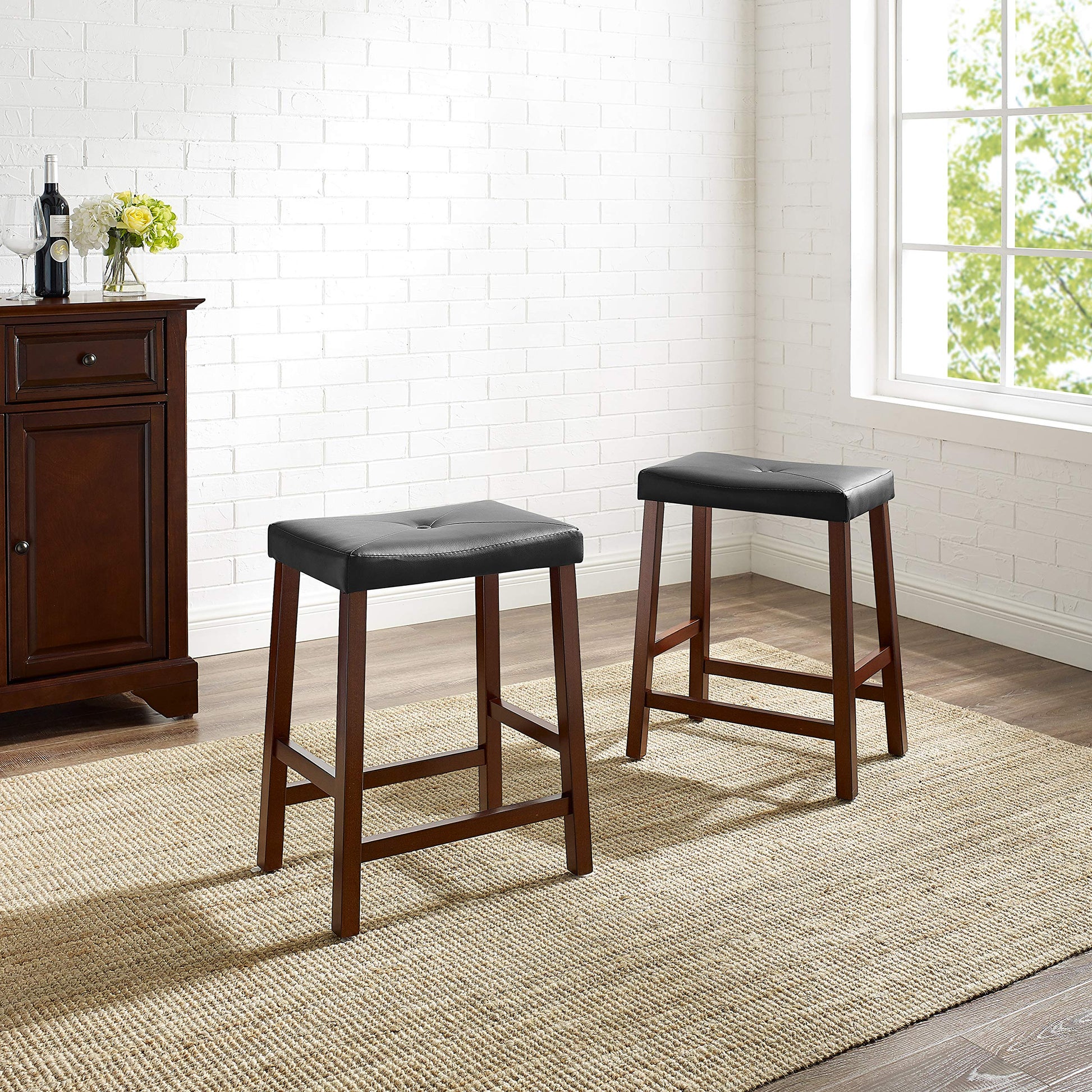 Dining Table | Upholstered Saddle Seat Stool | Durable Hardwood Construction | Faux Leather PVC Upholstery | 24 Height | Ideal for Dining Tables or Counter Seating | Set of 2 | casafoyer.myshopify.com