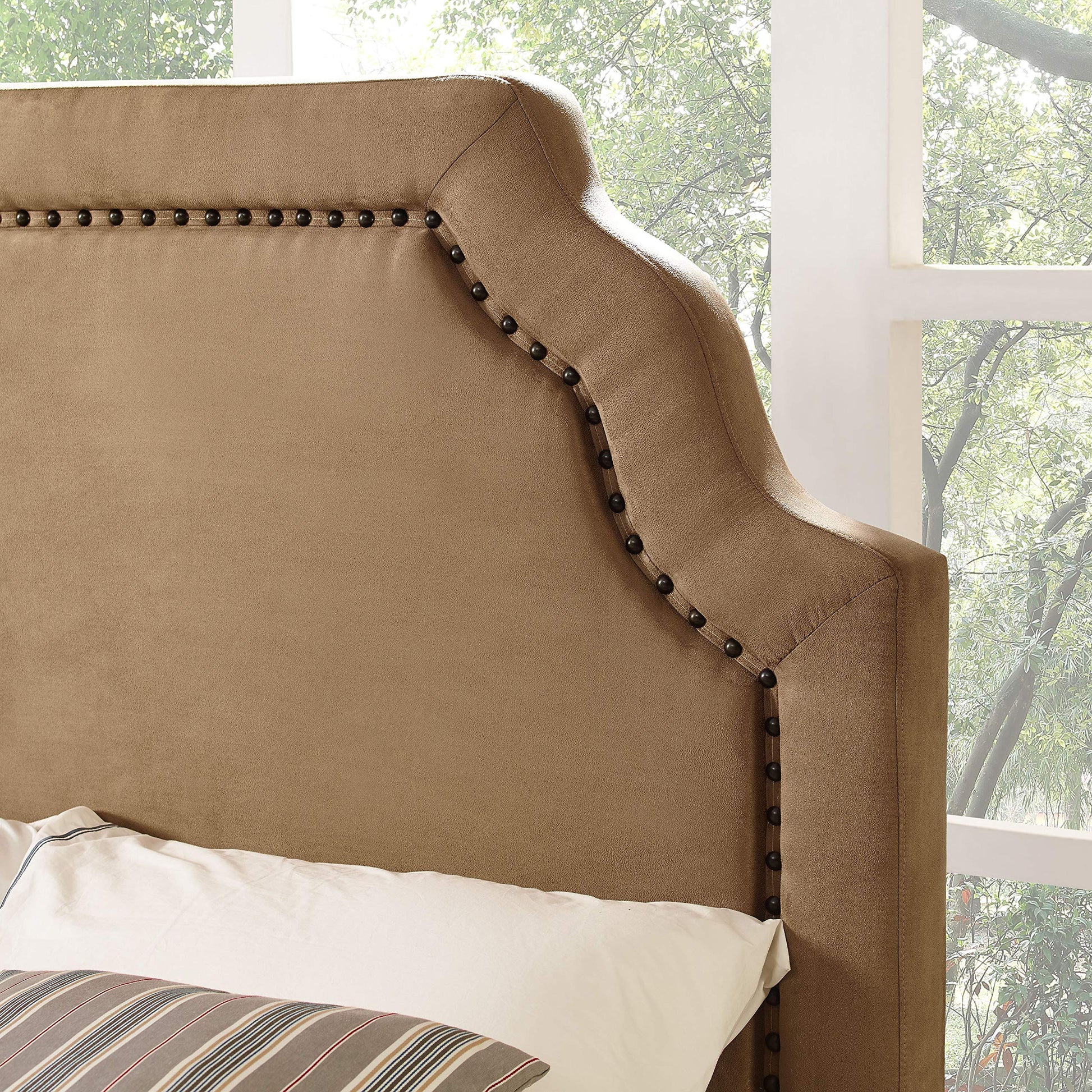 Bed | Loren Keystone Upholstered Bedset | Full/Queen Size | Camel Microfiber | Antique Brass Trim | Elegant & Cozy Bedroom Upgrade | casafoyer.myshopify.com