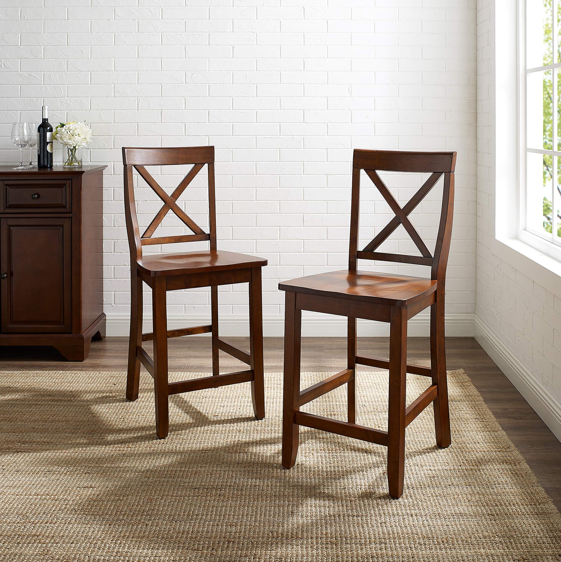 STOOL_SEATING | Durable Hardwood | X-Back Design | Comfortable Contoured Seats | Vintage Mahogany Finish | Set of 2 | 24 Seat Height | casafoyer.myshopify.com