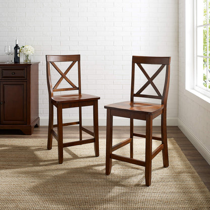 STOOL_SEATING | Durable Hardwood | X-Back Design | Comfortable Contoured Seats | Vintage Mahogany Finish | Set of 2 | 24 Seat Height | casafoyer.myshopify.com