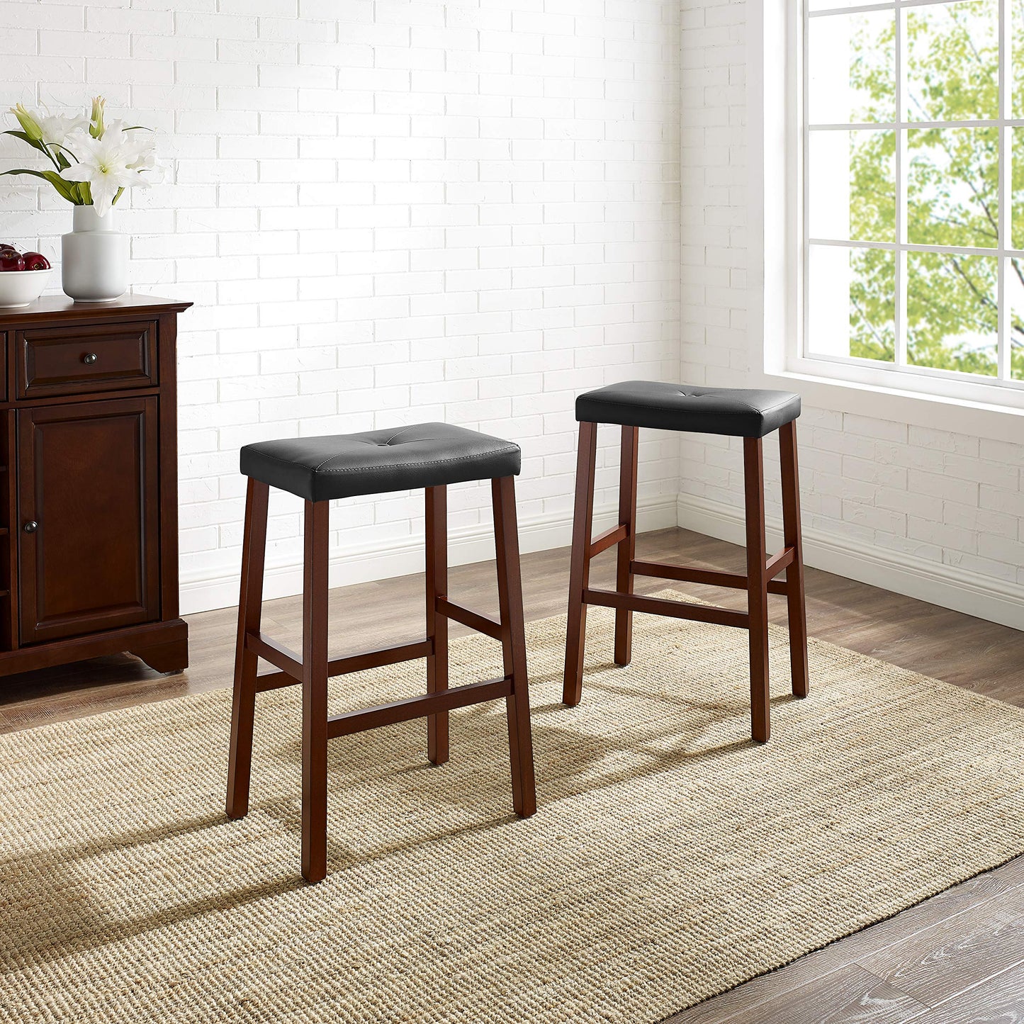 STOOL_SEATING | Upholstered Saddle Seat Stool | Durable Hardwood Construction | Faux Leather PVC Upholstery | 29 Seat Height | Ideal for 42 Bar or Pub Table | Set of 2 | casafoyer.myshopify.com