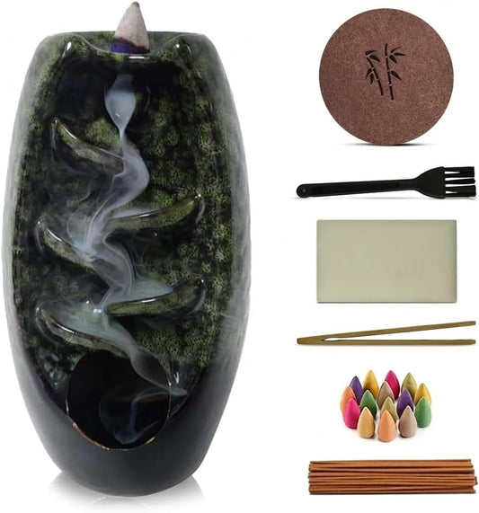 CASAFOYER Ceramic Backflow Incense Holder Smoke Waterfall Burner Set with 120 Backflow Incense Cones, 30 Incense Sticks & Premium Accessories for Aromatherapy Home Decor