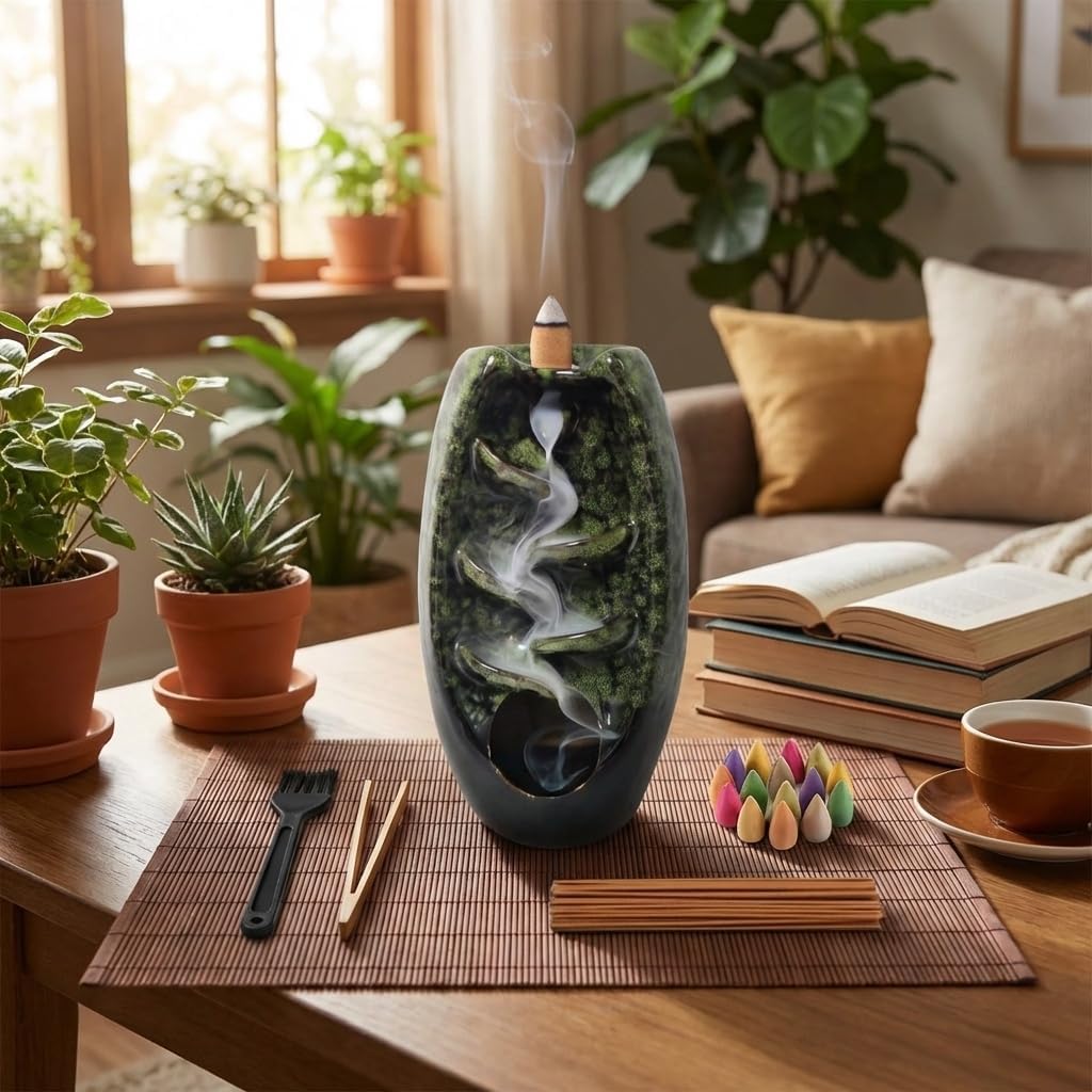 CASAFOYER Ceramic Backflow Incense Holder Smoke Waterfall Burner Set with 120 Backflow Incense Cones, 30 Incense Sticks & Premium Accessories for Aromatherapy Home Decor