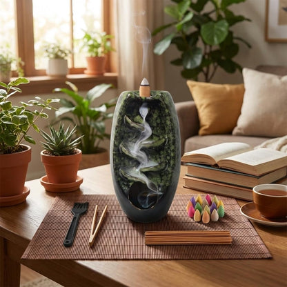 CASAFOYER Ceramic Backflow Incense Holder Smoke Waterfall Burner Set with 120 Backflow Incense Cones, 30 Incense Sticks & Premium Accessories for Aromatherapy Home Decor