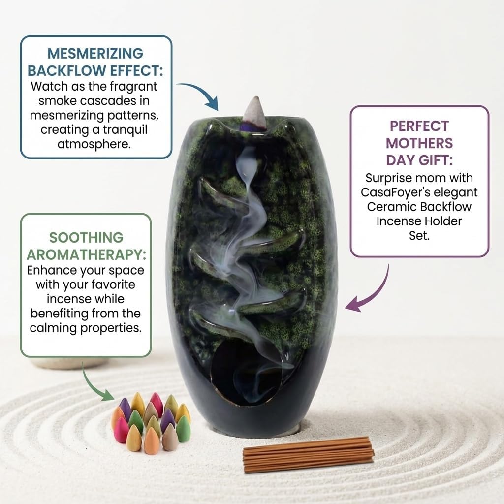 CASAFOYER Ceramic Backflow Incense Holder Smoke Waterfall Burner Set with 120 Backflow Incense Cones, 30 Incense Sticks & Premium Accessories for Aromatherapy Home Decor