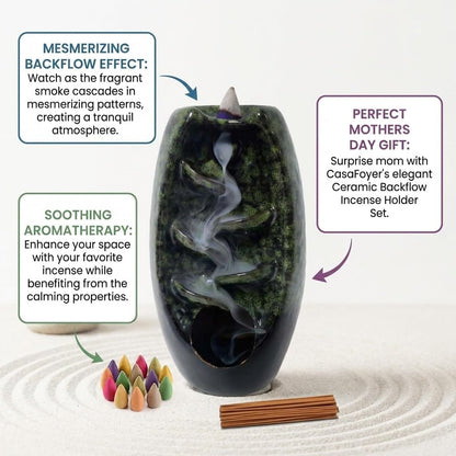 CASAFOYER Ceramic Backflow Incense Holder Smoke Waterfall Burner Set with 120 Backflow Incense Cones, 30 Incense Sticks & Premium Accessories for Aromatherapy Home Decor