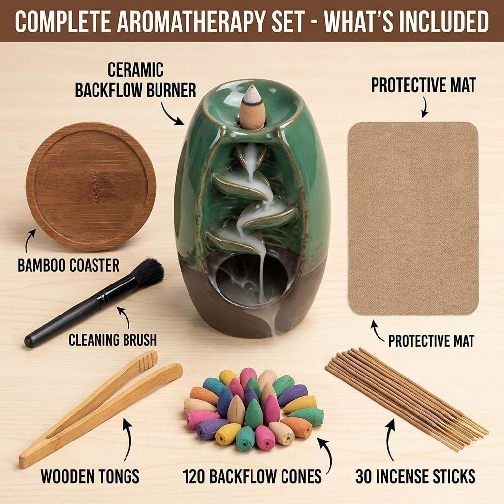 CASAFOYER Ceramic Backflow Incense Holder Smoke Waterfall Burner Set with 120 Backflow Incense Cones, 30 Incense Sticks & Premium Accessories for Aromatherapy Home Decor