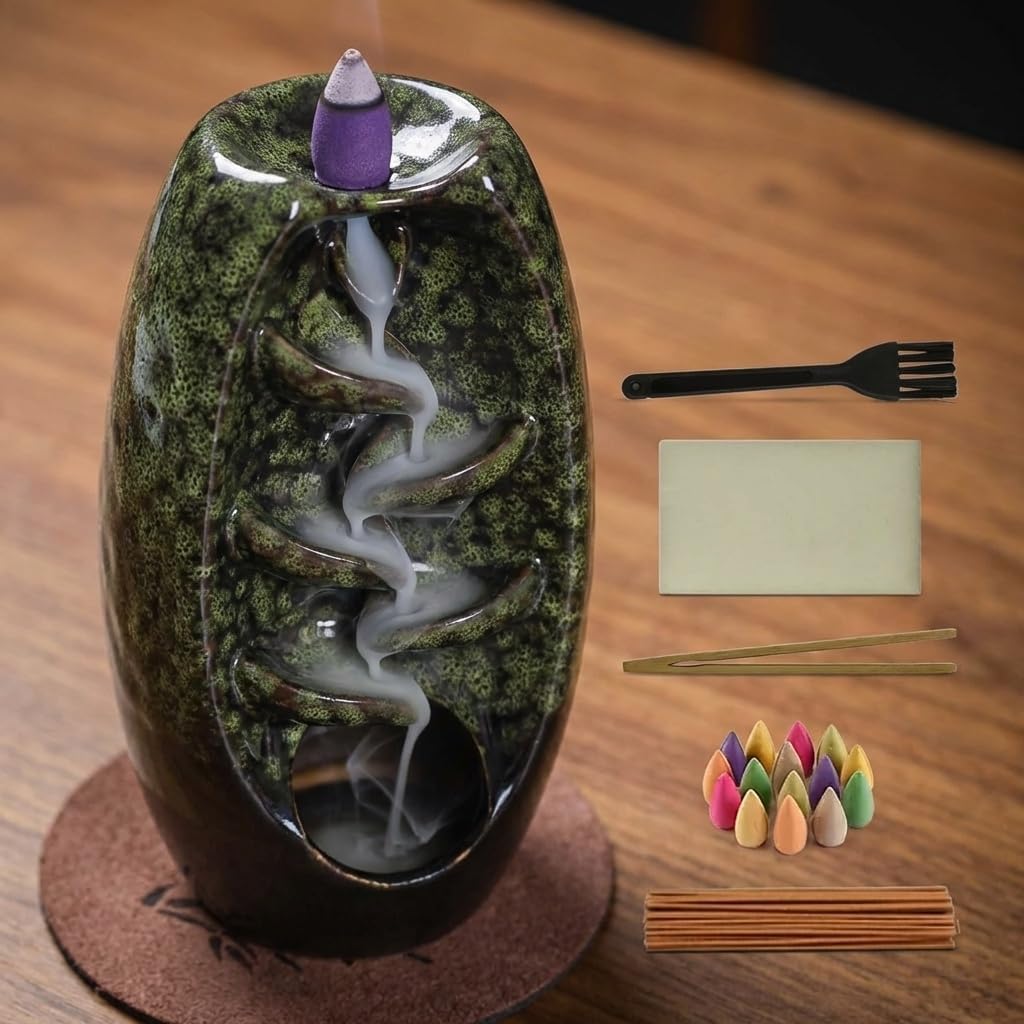 CASAFOYER Ceramic Backflow Incense Holder Smoke Waterfall Burner Set with 120 Backflow Incense Cones, 30 Incense Sticks & Premium Accessories for Aromatherapy Home Decor