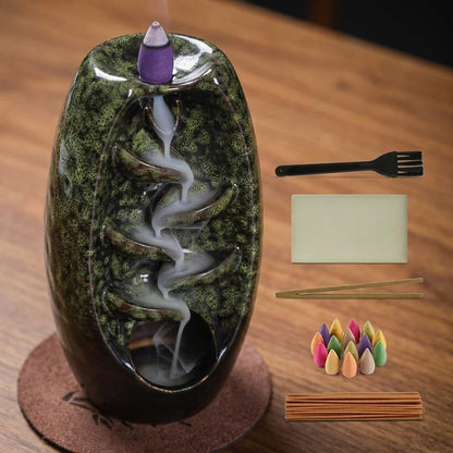 CASAFOYER Ceramic Backflow Incense Holder Smoke Waterfall Burner Set with 120 Backflow Incense Cones, 30 Incense Sticks & Premium Accessories for Aromatherapy Home Decor