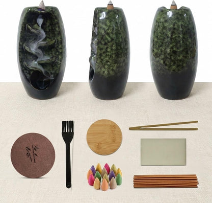 CASAFOYER Ceramic Backflow Incense Holder Smoke Waterfall Burner Set with 120 Backflow Incense Cones, 30 Incense Sticks & Premium Accessories for Aromatherapy Home Decor