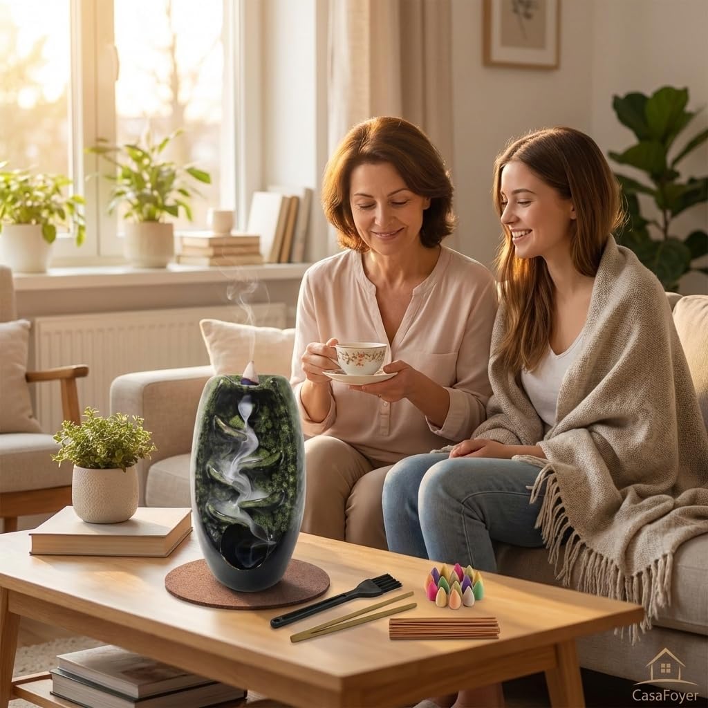 CASAFOYER Ceramic Backflow Incense Holder Smoke Waterfall Burner Set with 120 Backflow Incense Cones, 30 Incense Sticks & Premium Accessories for Aromatherapy Home Decor
