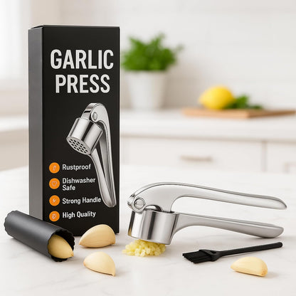 CASAFOYER Garlic Crusher Stainless Steel | Mincer Tool | Rustproof Garlic Masher | Garlic Press | Easy to Clean & Squeeze | Travel Friendly | Dishwasher Safe Presser (Silver)