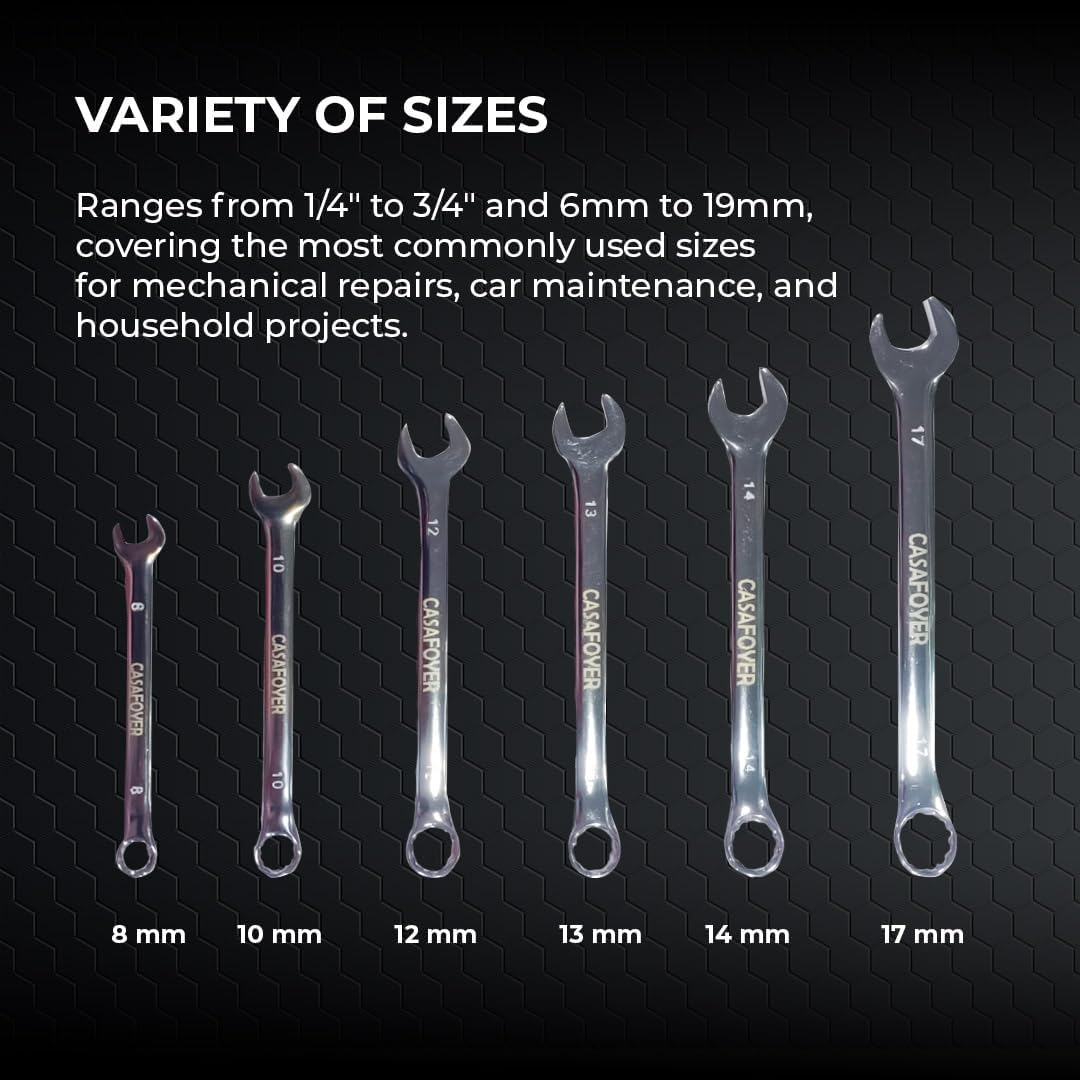 Casafoyer Combination Wrench Set, 6‑Piece Metric Ratchet Wrenches Set 8–17 mm, Polished Alloy Steel Wrenches for DIY Home Repair, Auto Repairs & Garage Use