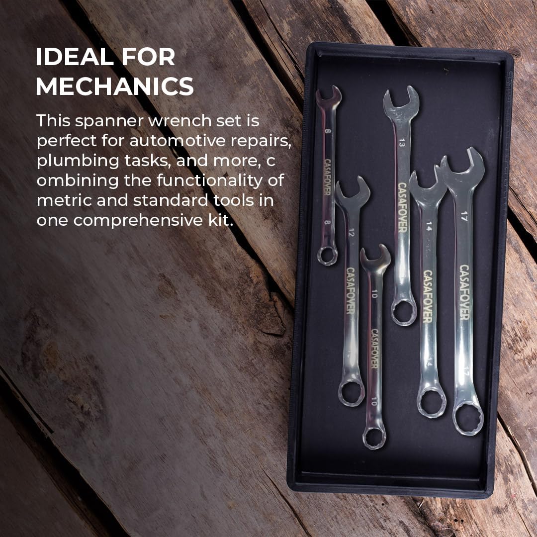 Casafoyer Combination Wrench Set, 6‑Piece Metric Ratchet Wrenches Set 8–17 mm, Polished Alloy Steel Wrenches for DIY Home Repair, Auto Repairs & Garage Use