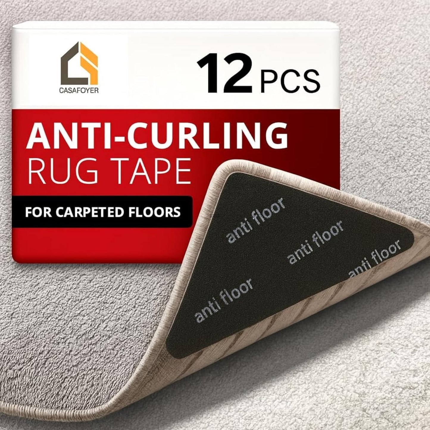 CASAFOYER 12 Pcs Non Slip Rug Gripper/Rug Tape for Hardwood Floors – Stops Sliding & Curling | Double Sided Carpet Tape, Triangular Rug Pads | Floor Safe & Reusable Rug Anchors