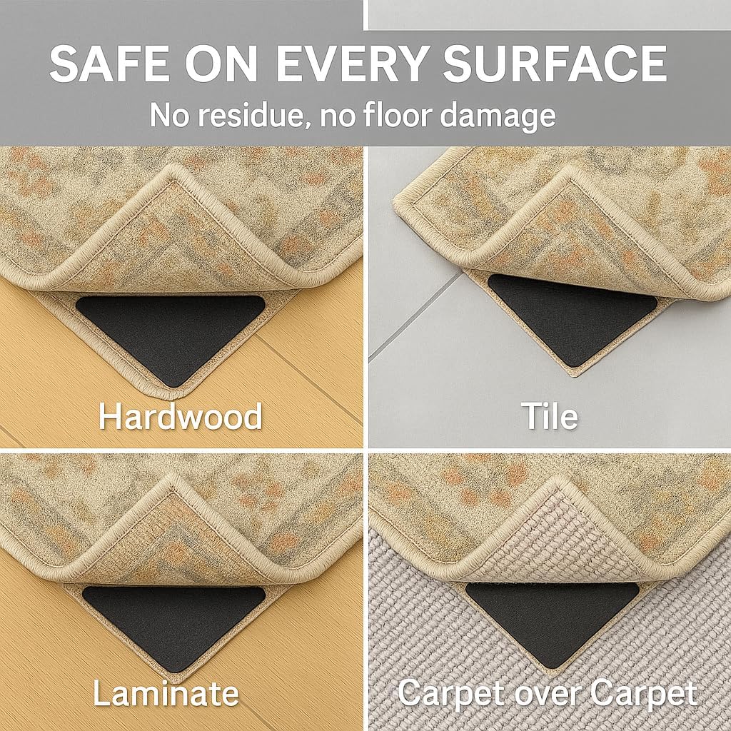 CASAFOYER 12 Pcs Non Slip Rug Gripper/Rug Tape for Hardwood Floors – Stops Sliding & Curling | Double Sided Carpet Tape, Triangular Rug Pads | Floor Safe & Reusable Rug Anchors