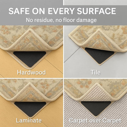 CASAFOYER 12 Pcs Non Slip Rug Gripper/Rug Tape for Hardwood Floors – Stops Sliding & Curling | Double Sided Carpet Tape, Triangular Rug Pads | Floor Safe & Reusable Rug Anchors