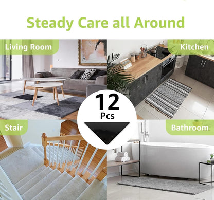 CASAFOYER 12 Pcs Non Slip Rug Gripper/Rug Tape for Hardwood Floors – Stops Sliding & Curling | Double Sided Carpet Tape, Triangular Rug Pads | Floor Safe & Reusable Rug Anchors
