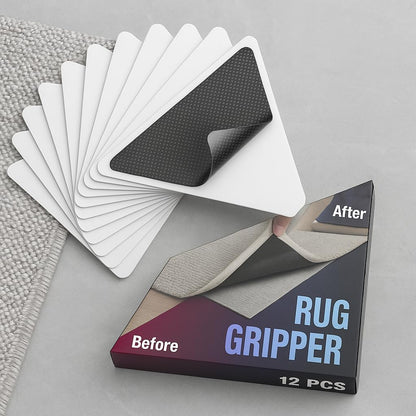 CASAFOYER 12 Pcs Non Slip Rug Gripper/Rug Tape for Hardwood Floors – Stops Sliding & Curling | Double Sided Carpet Tape, Triangular Rug Pads | Floor Safe & Reusable Rug Anchors