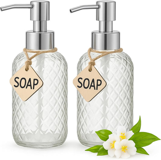 CASAFOYER Glass Soap Dispenser (15 Oz - Pack of 2) | Refillable Dishwash Liquid Dispenser for Kitchen | Shampoo & Bodywash Bottle | Rustproof Plastic Pump | Easy Soap Visibility | Dishwasher Safe
