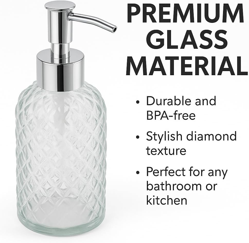 CASAFOYER Glass Soap Dispenser (15 Oz - Pack of 2) | Refillable Dishwash Liquid Dispenser for Kitchen | Shampoo & Bodywash Bottle | Rustproof Plastic Pump | Easy Soap Visibility | Dishwasher Safe