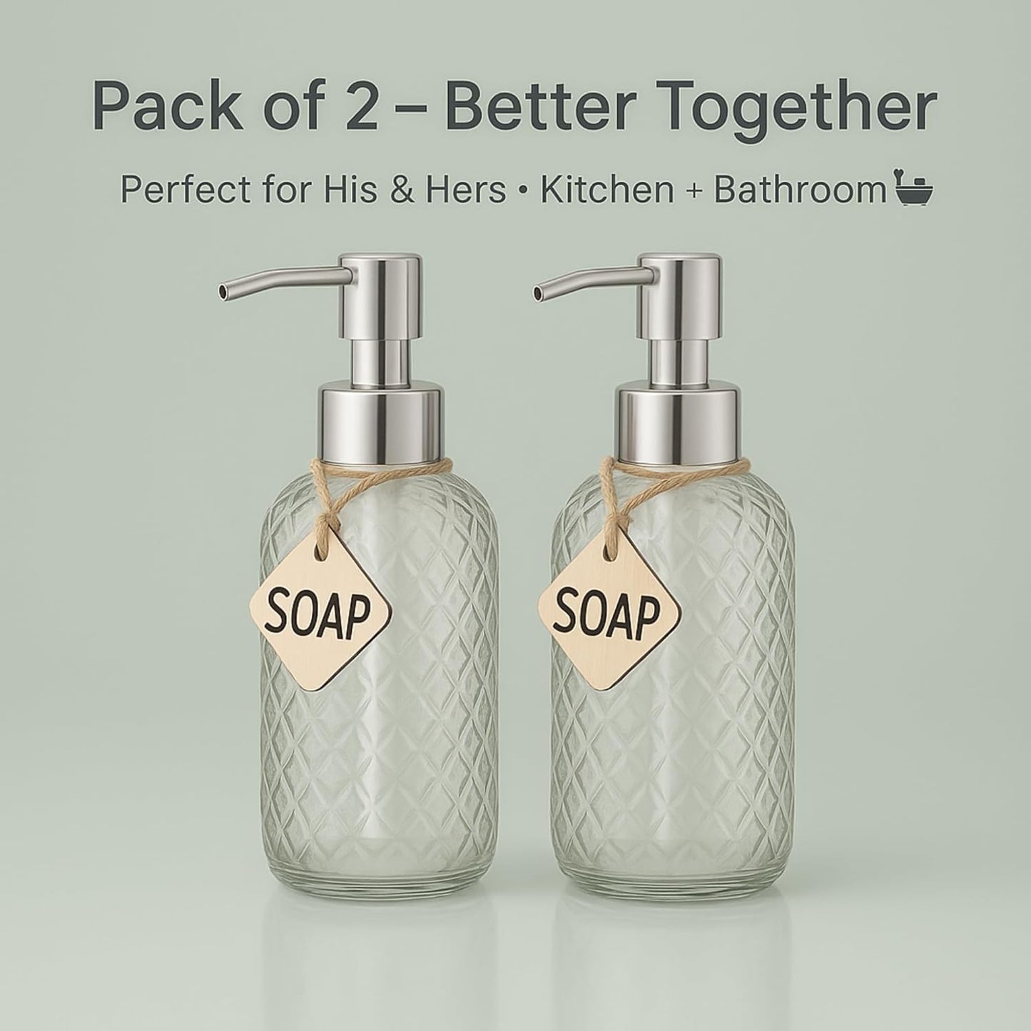CASAFOYER Glass Soap Dispenser (15 Oz - Pack of 2) | Refillable Dishwash Liquid Dispenser for Kitchen | Shampoo & Bodywash Bottle | Rustproof Plastic Pump | Easy Soap Visibility | Dishwasher Safe