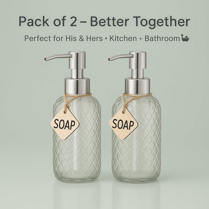 CASAFOYER Glass Soap Dispenser (15 Oz - Pack of 2) | Refillable Dishwash Liquid Dispenser for Kitchen | Shampoo & Bodywash Bottle | Rustproof Plastic Pump | Easy Soap Visibility | Dishwasher Safe