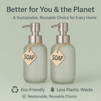 CASAFOYER Glass Soap Dispenser (15 Oz - Pack of 2) | Refillable Dishwash Liquid Dispenser for Kitchen | Shampoo & Bodywash Bottle | Rustproof Plastic Pump | Easy Soap Visibility | Dishwasher Safe