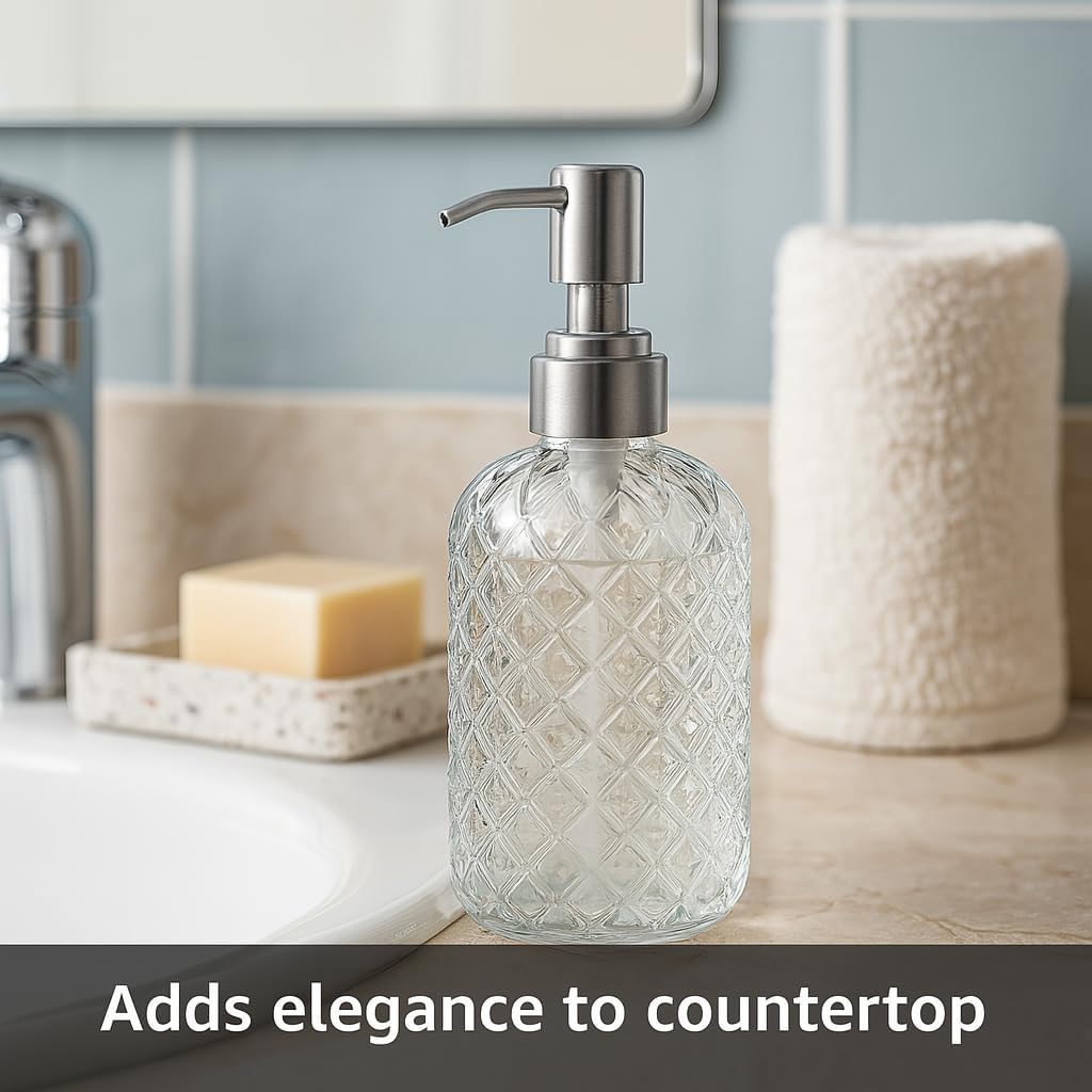 CASAFOYER Glass Soap Dispenser (15 Oz) | Refillable Dishwash Liquid Dispenser for Kitchen | Shampoo & Bodywash Bottle | Rustproof Plastic Pump | Easy Soap Visibility | Dishwasher Safe Cleaning(White)
