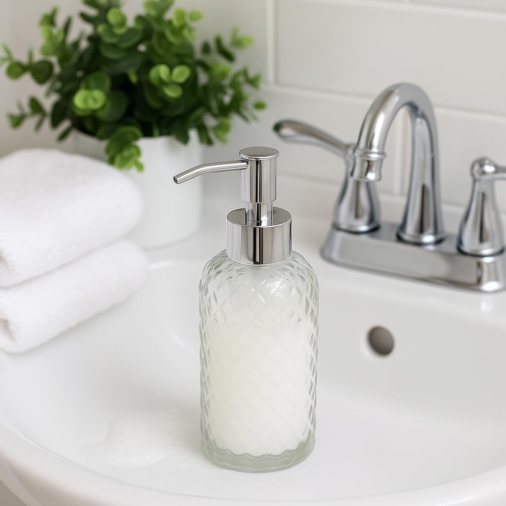 CASAFOYER Glass Soap Dispenser (15 Oz) | Refillable Dishwash Liquid Dispenser for Kitchen | Shampoo & Bodywash Bottle | Rustproof Plastic Pump | Easy Soap Visibility | Dishwasher Safe Cleaning(White)