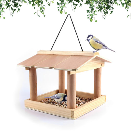 Pet Feeders | CasaFoyer Rustic Wooden Hanging Bird Table Feeder with Wide Open Tray | A Rooftop Haven for Birds | casafoyer.myshopify.com