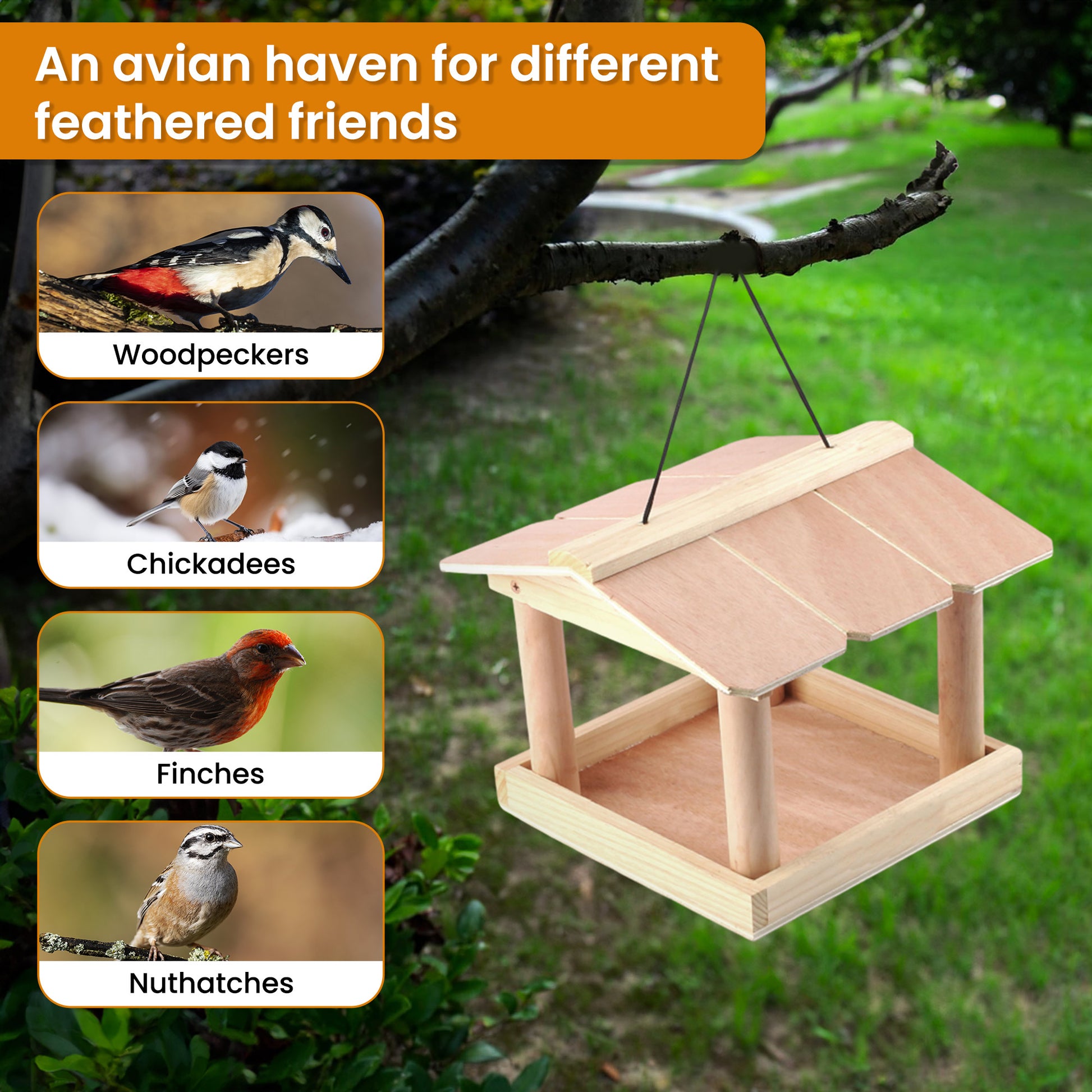 Pet Feeders | CasaFoyer Rustic Wooden Hanging Bird Table Feeder with Wide Open Tray | A Rooftop Haven for Birds | casafoyer.myshopify.com