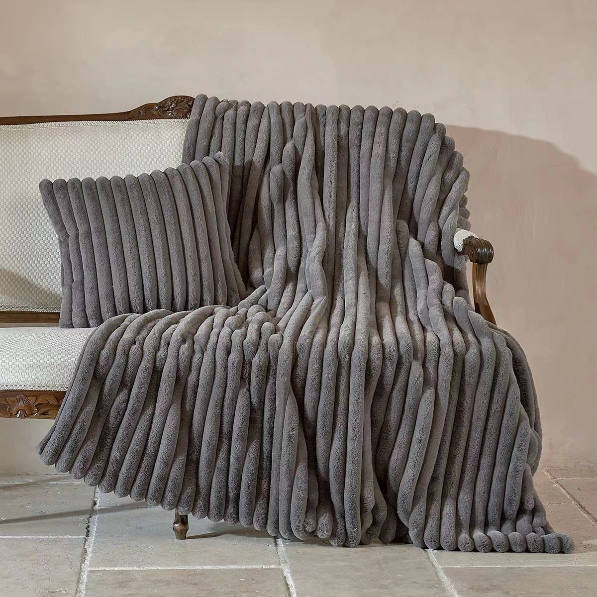 Throw Blanket | CasaFoyer Striped Jacquard Rabbit Fur Blanket | casafoyer.myshopify.com