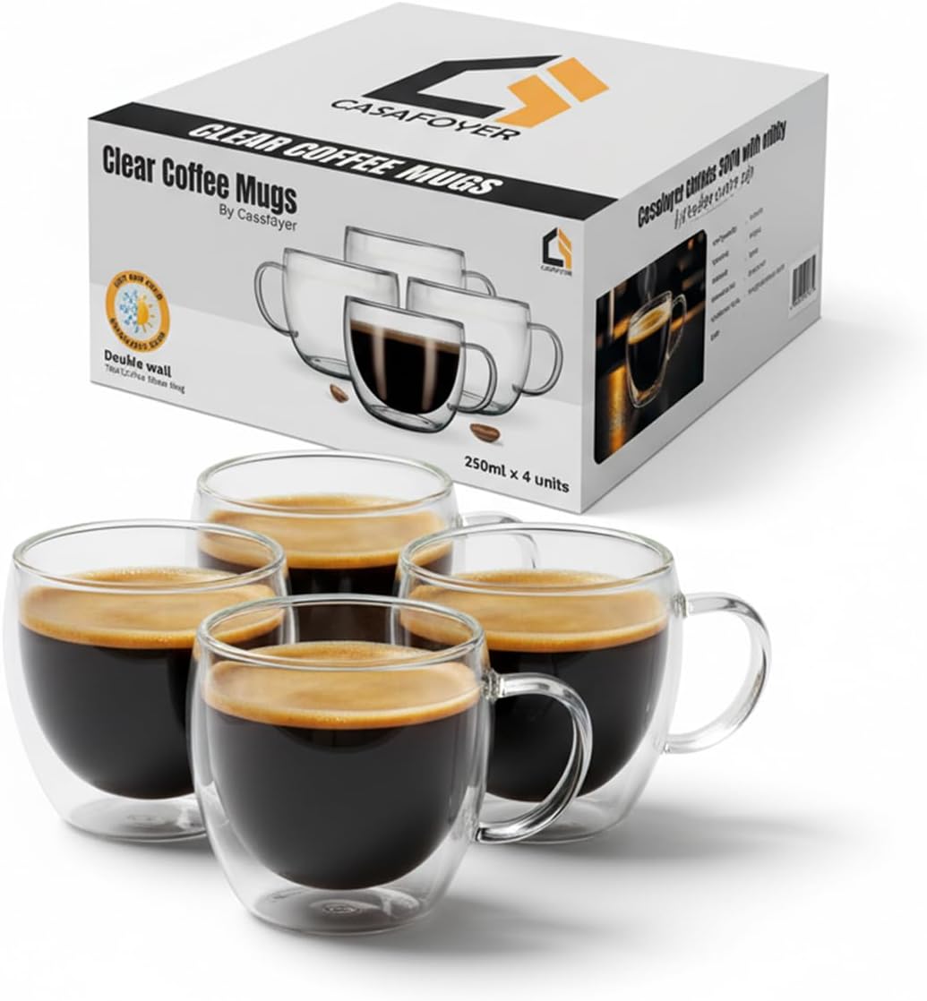 Casafoyer Double Walled Coffee Cups Glasses Mugs 9oz Set of 4 | Heat Resistant Borosilicate Clear Glass Espresso Latte Cappuccino Tea Cups with Handle | Insulated Glass Coffee Mugs Ideal for Gifting