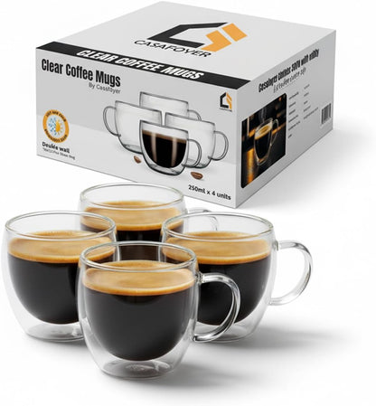 Casafoyer Double Walled Coffee Cups Glasses Mugs 9oz Set of 4 | Heat Resistant Borosilicate Clear Glass Espresso Latte Cappuccino Tea Cups with Handle | Insulated Glass Coffee Mugs Ideal for Gifting