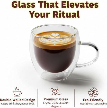 Casafoyer Double Walled Coffee Cups Glasses Mugs 9oz Set of 4 | Heat Resistant Borosilicate Clear Glass Espresso Latte Cappuccino Tea Cups with Handle | Insulated Glass Coffee Mugs Ideal for Gifting