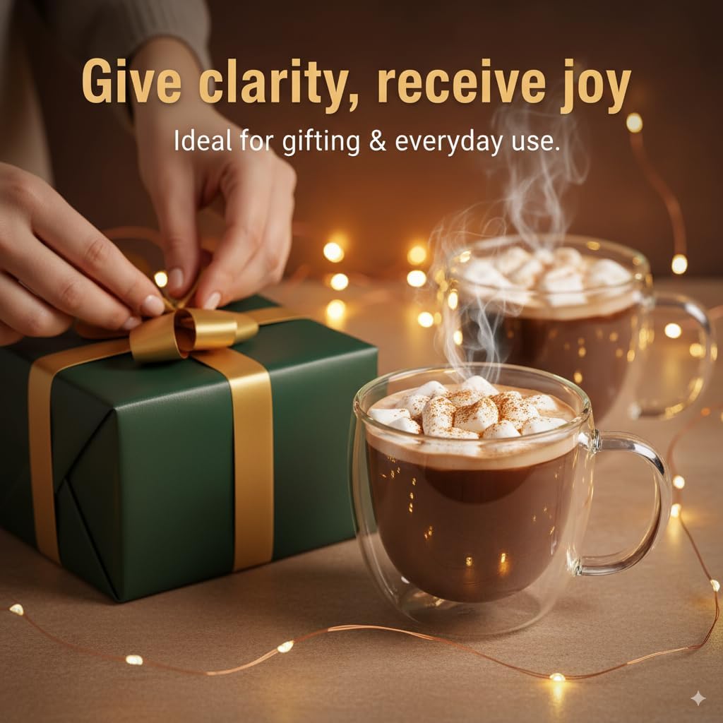 Casafoyer Double Walled Coffee Cups Glasses Mugs 9oz Set of 4 | Heat Resistant Borosilicate Clear Glass Espresso Latte Cappuccino Tea Cups with Handle | Insulated Glass Coffee Mugs Ideal for Gifting