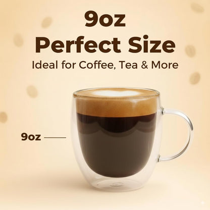 Casafoyer Double Walled Coffee Cups Glasses Mugs 9oz Set of 4 | Heat Resistant Borosilicate Clear Glass Espresso Latte Cappuccino Tea Cups with Handle | Insulated Glass Coffee Mugs Ideal for Gifting
