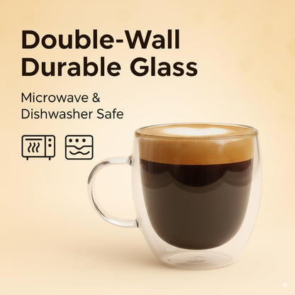 Casafoyer Double Walled Coffee Cups Glasses Mugs 9oz Set of 4 | Heat Resistant Borosilicate Clear Glass Espresso Latte Cappuccino Tea Cups with Handle | Insulated Glass Coffee Mugs Ideal for Gifting