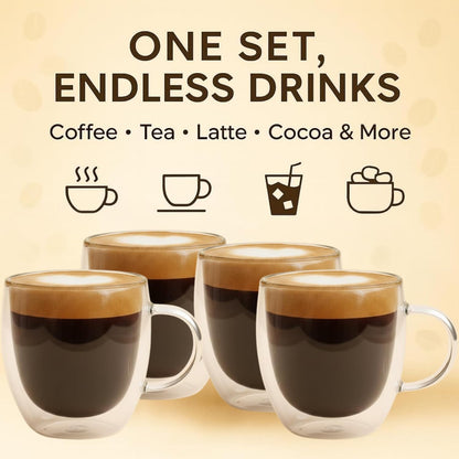 Casafoyer Double Walled Coffee Cups Glasses Mugs 9oz Set of 4 | Heat Resistant Borosilicate Clear Glass Espresso Latte Cappuccino Tea Cups with Handle | Insulated Glass Coffee Mugs Ideal for Gifting