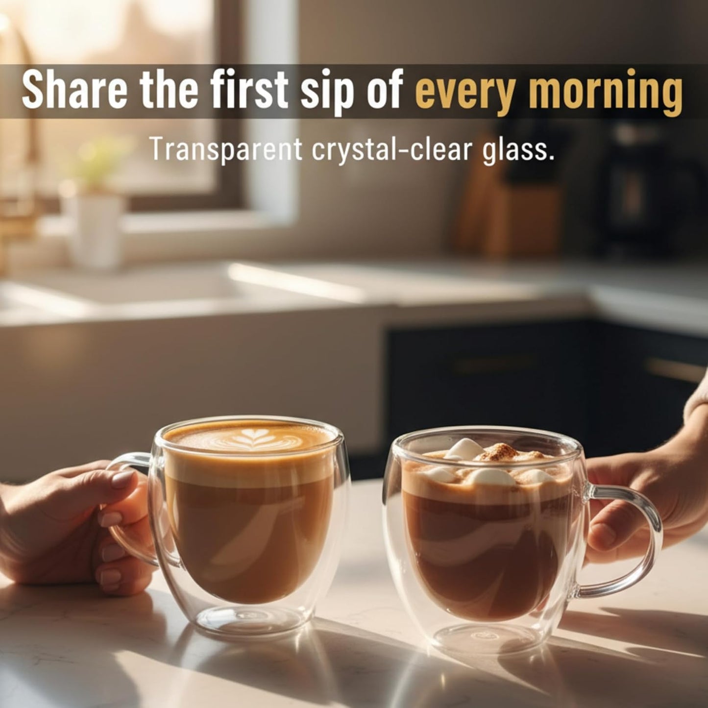 Casafoyer Double Walled Coffee Cups Glasses Mugs 9oz Set of 4 | Heat Resistant Borosilicate Clear Glass Espresso Latte Cappuccino Tea Cups with Handle | Insulated Glass Coffee Mugs Ideal for Gifting
